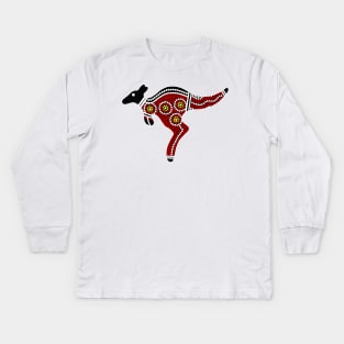 Aboriginal Art - Kangaroo Red Oxide Kids Long Sleeve T-Shirt